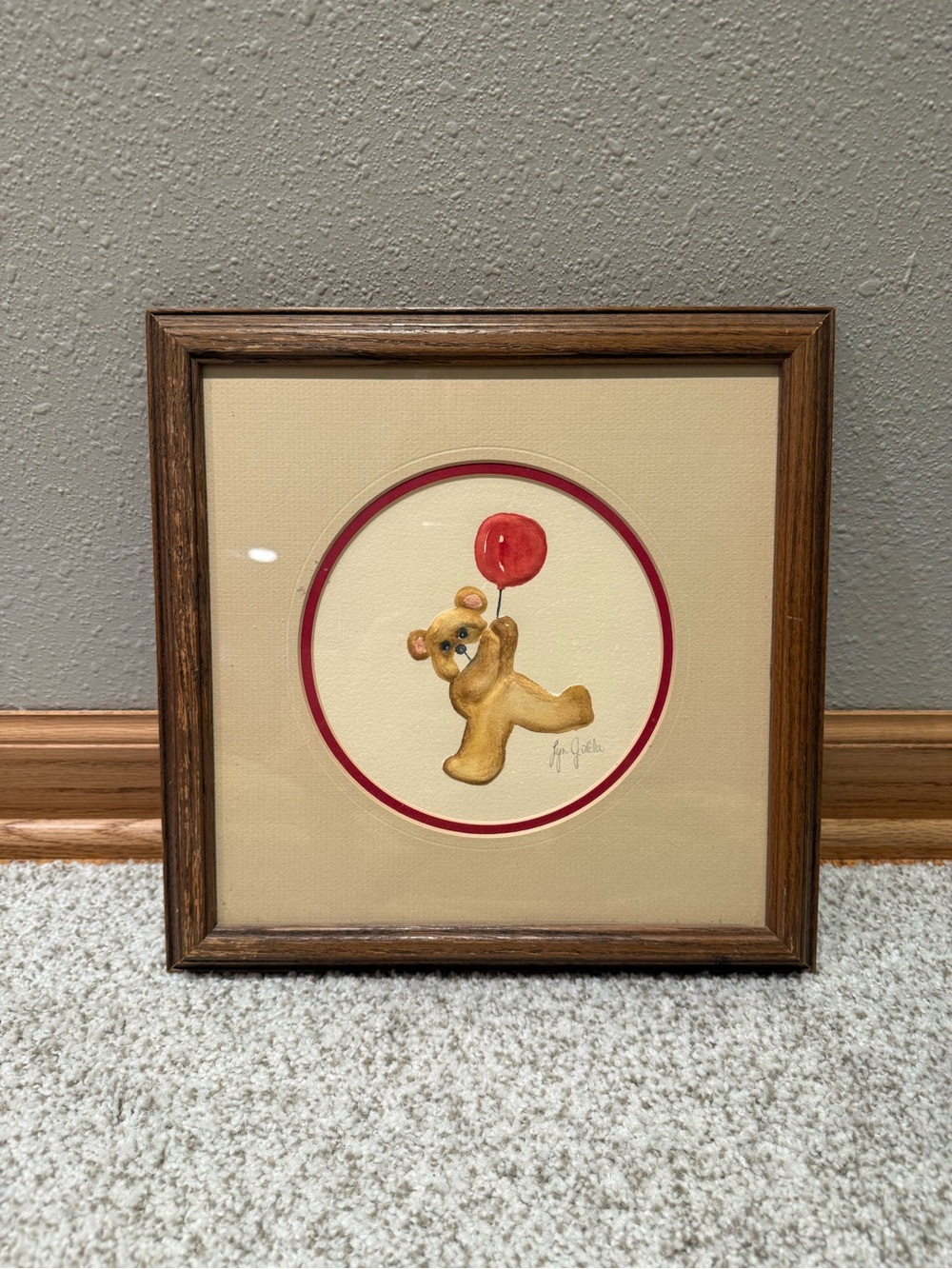 Vintage Lyn Gökke Framed Teddy Bear Red Balloon Art Print Square Wood Frame
